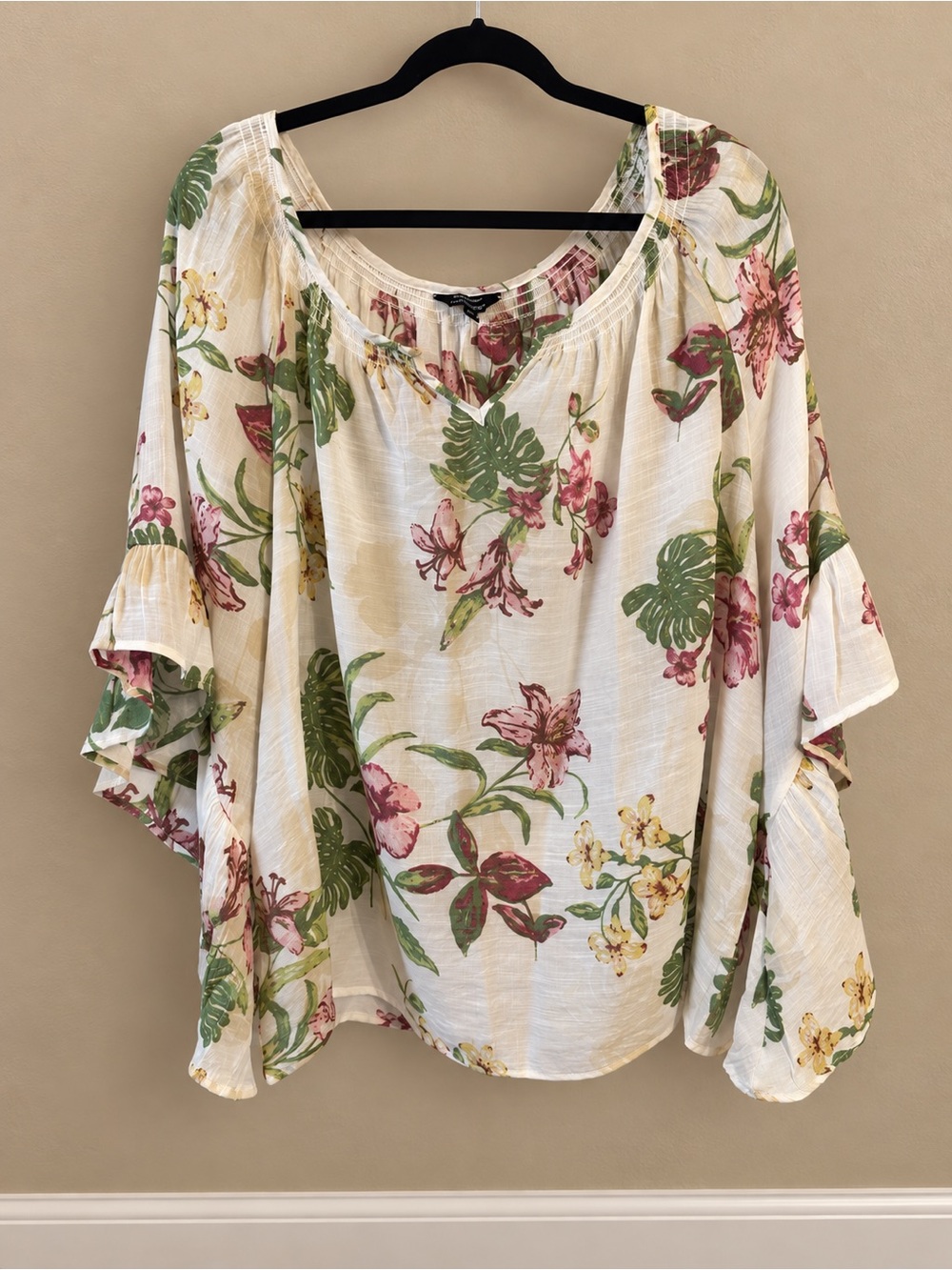 Unique Spectrum Cream Floral Peasant Top with Green and Pink Accents